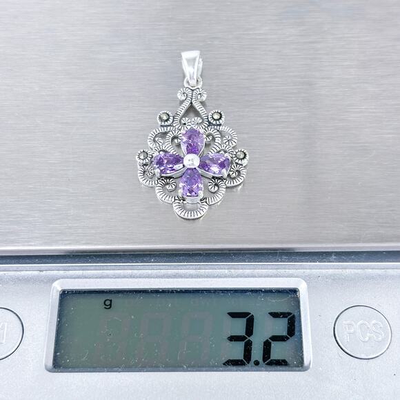 Vintage Sterling Silver Filigree Flower Marcasite Purple Cubic Zirconia Pendant - Picture 6 of 7
